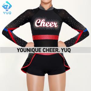 YUQ All Star Black and Red AB Rhinestone Long Sleeve High Quality Cheerleading Uniform